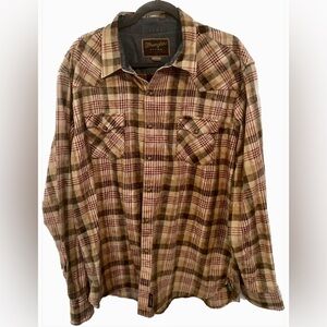 WRANGLER Retro Western ShirtTan Red Plaid Pearl Snap Long Sleeve, Size XXL